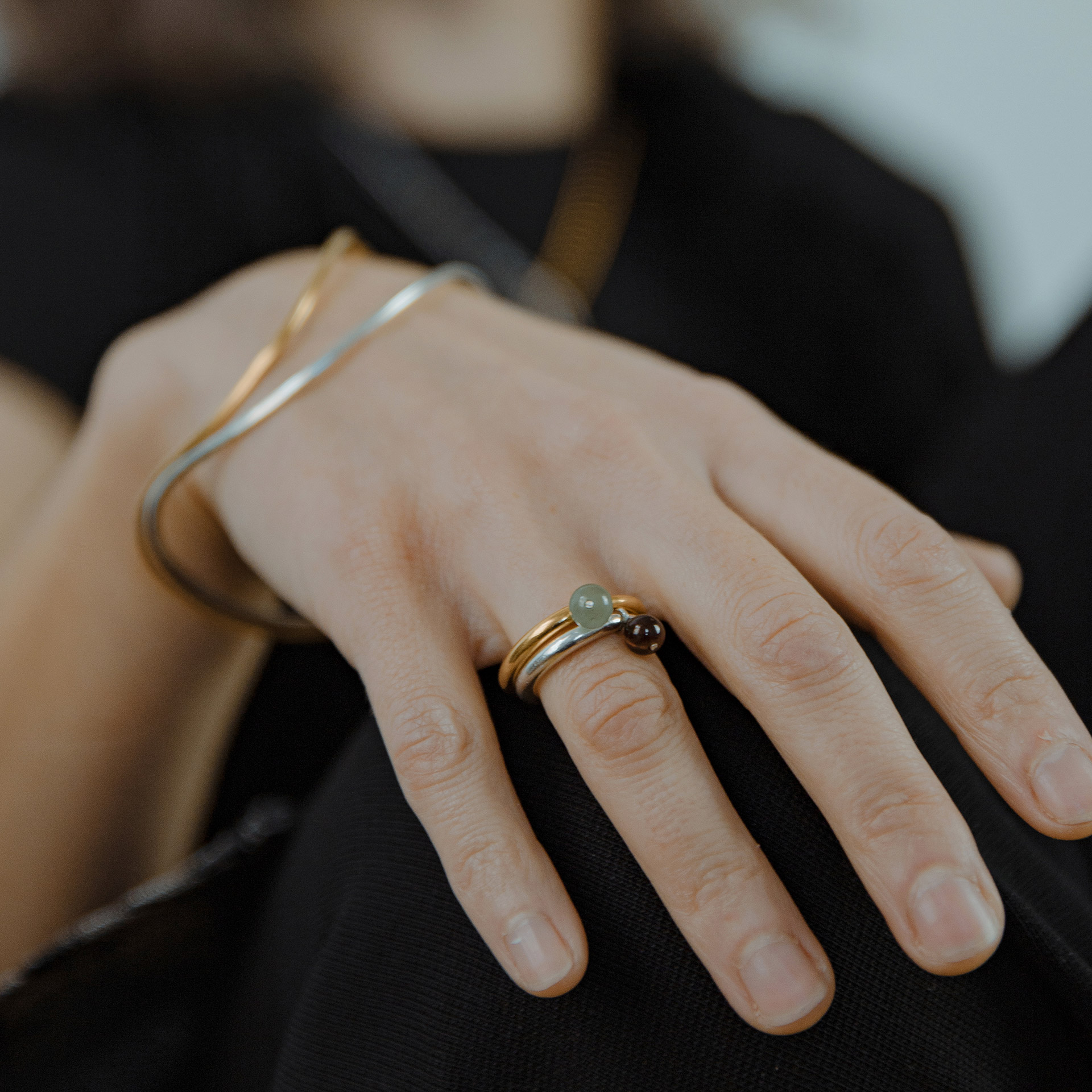 BoroBoro minimalist gold plated ring with movable aventurine bead.